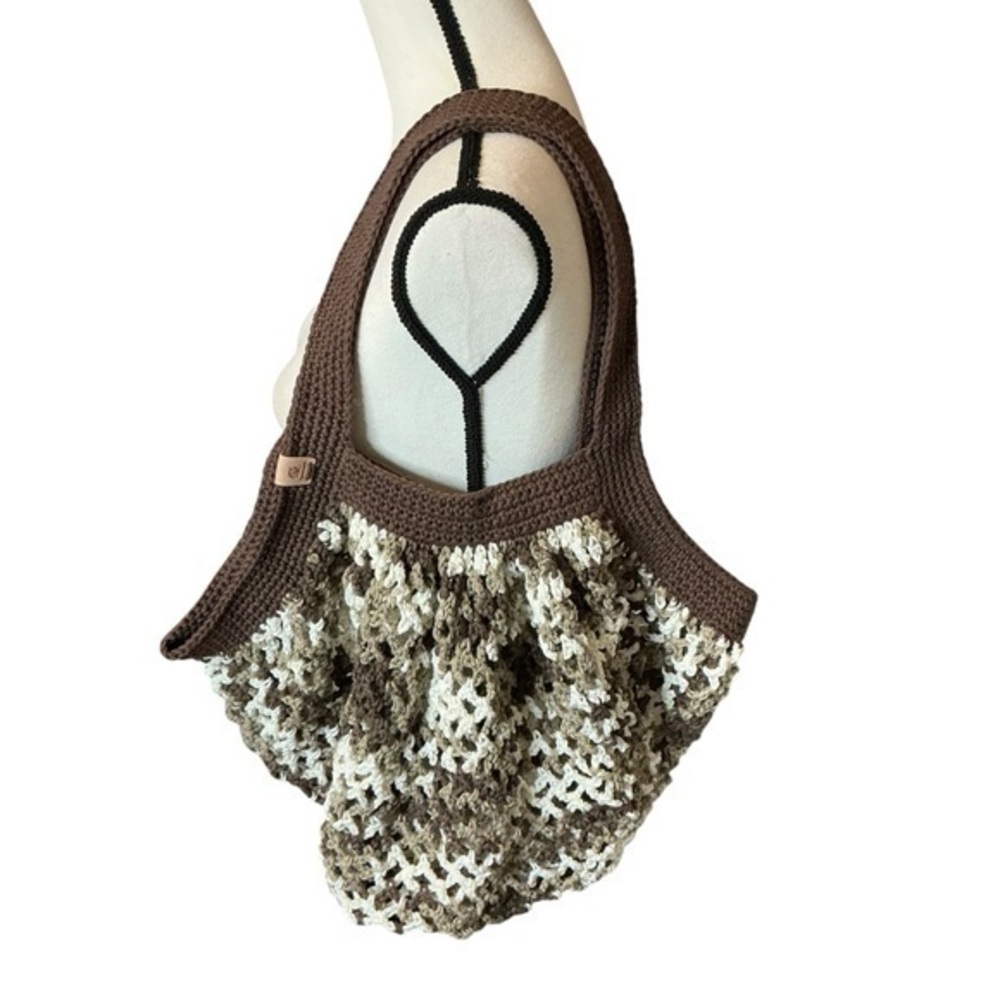 Large Crochet Mesh Market Bag Brown White Cotton Handcrafted Handmade Reusable - Picture 1 of 16